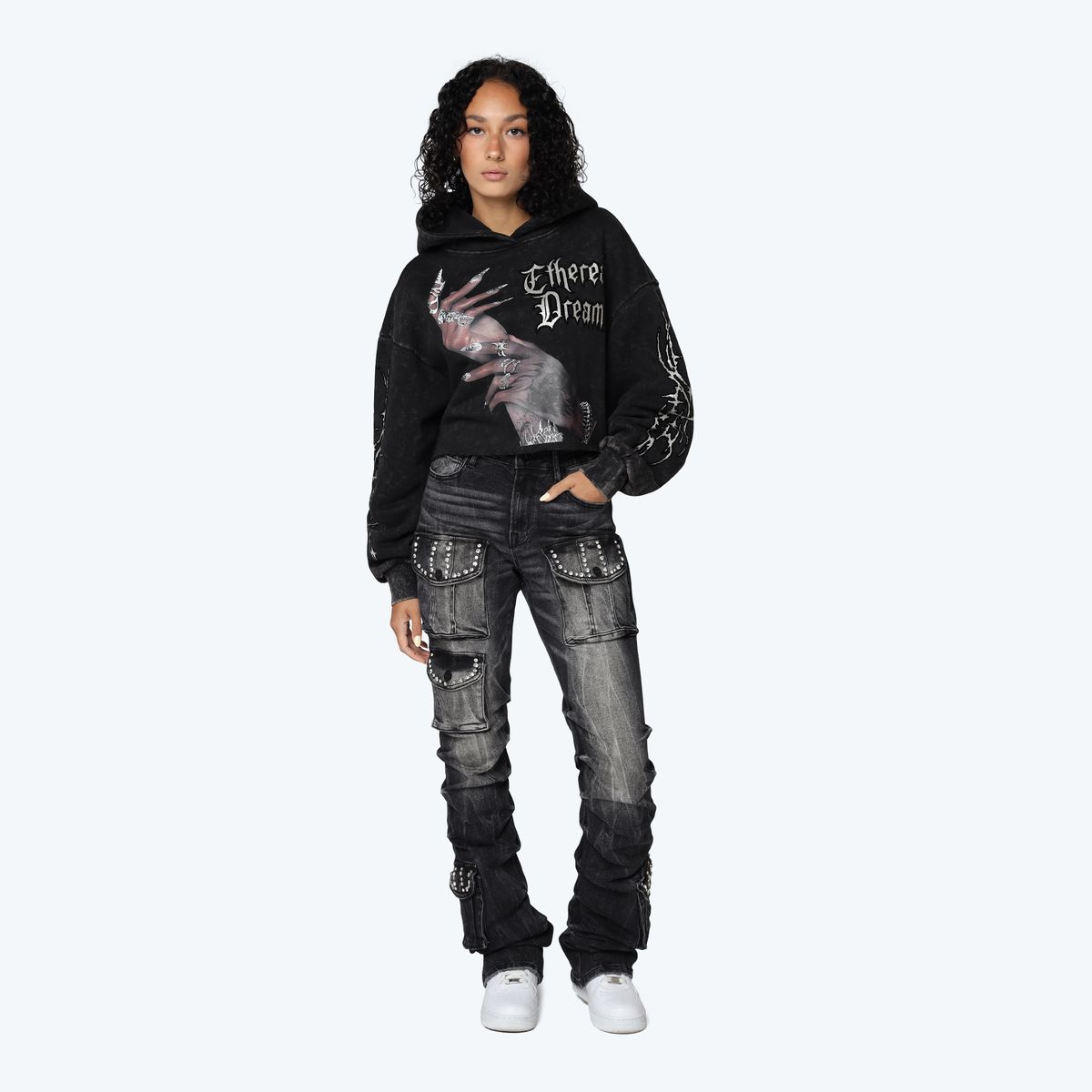 Women's High Rise Rhinestone Stacked Jeans Pant