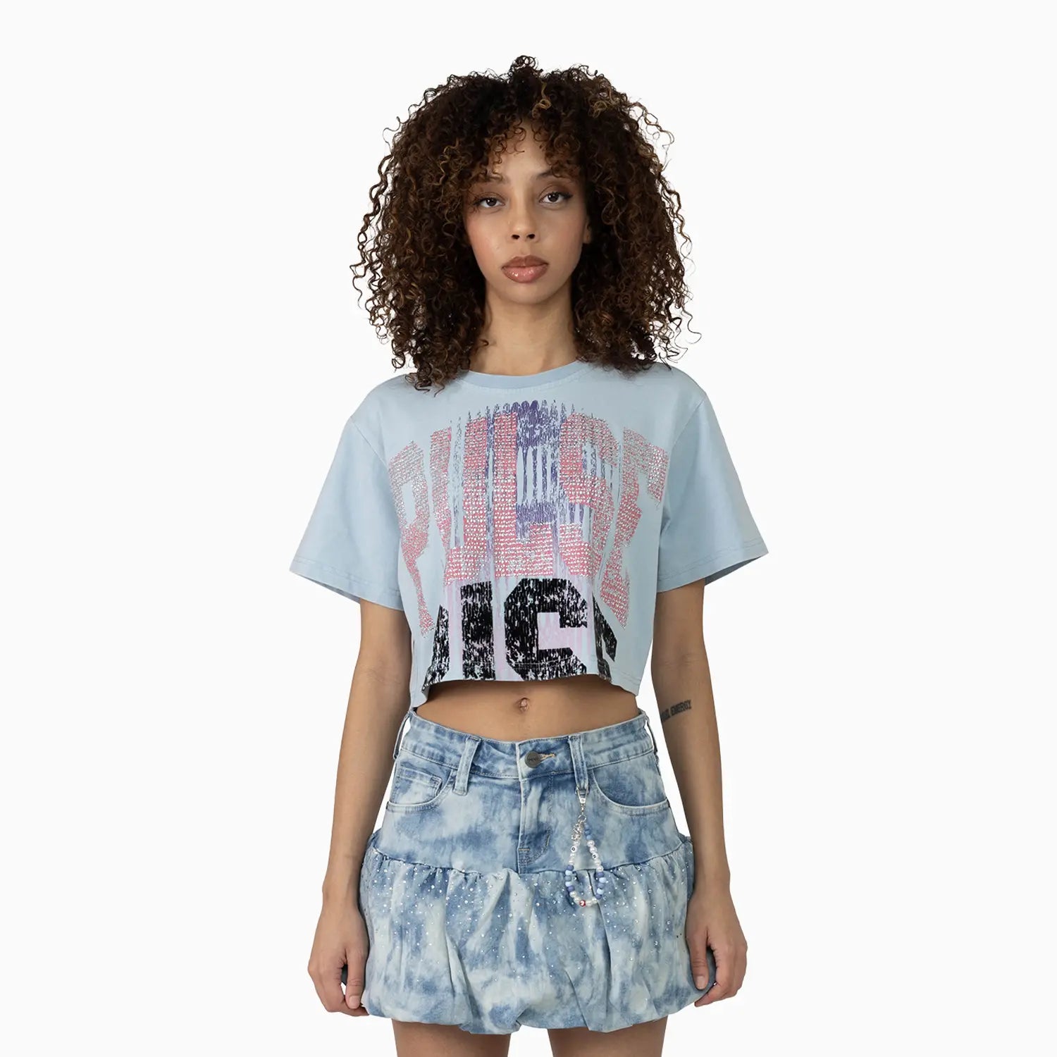Women's Fitted Rhinestone Cropped T-Shirt and Skirt Outfit