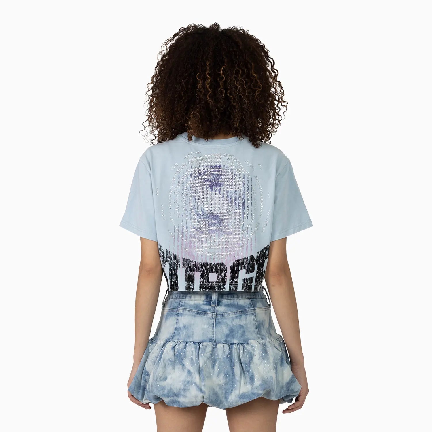 Women's Fitted Rhinestone Cropped T-Shirt and Skirt Outfit