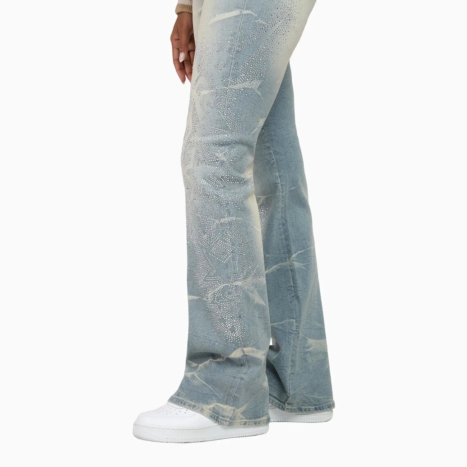 Women's Rhinestone Crop Top and Stack Jean Pant Outfit