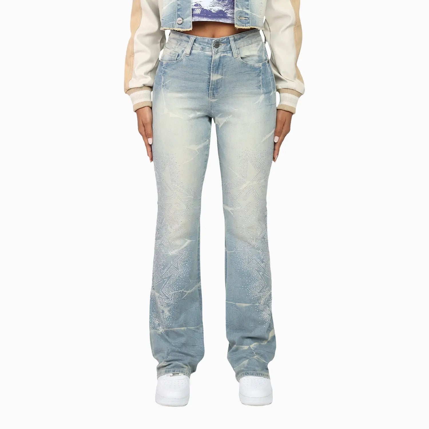 Women's Rhinestone Crop Top and Stack Jean Pant Outfit