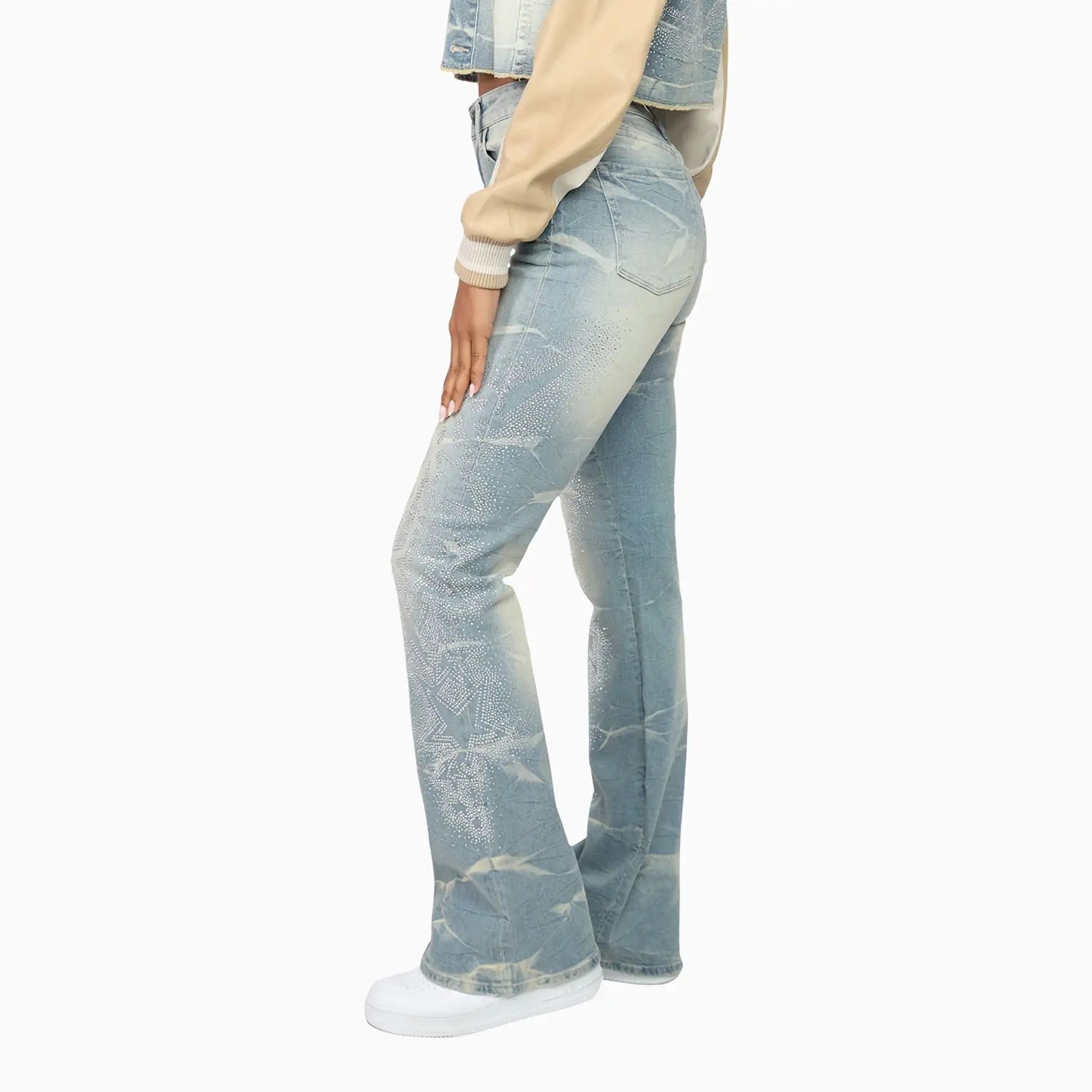 Women's Rhinestone Crop Top and Stack Jean Pant Outfit