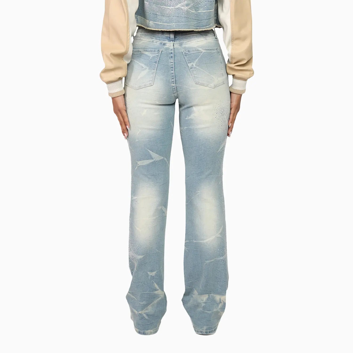 Women's Rhinestone Crop Top and Stack Jean Pant Outfit