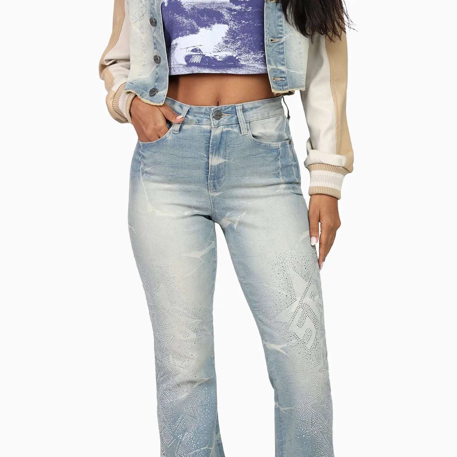 Women's Rhinestone Crop Top and Stack Jean Pant Outfit