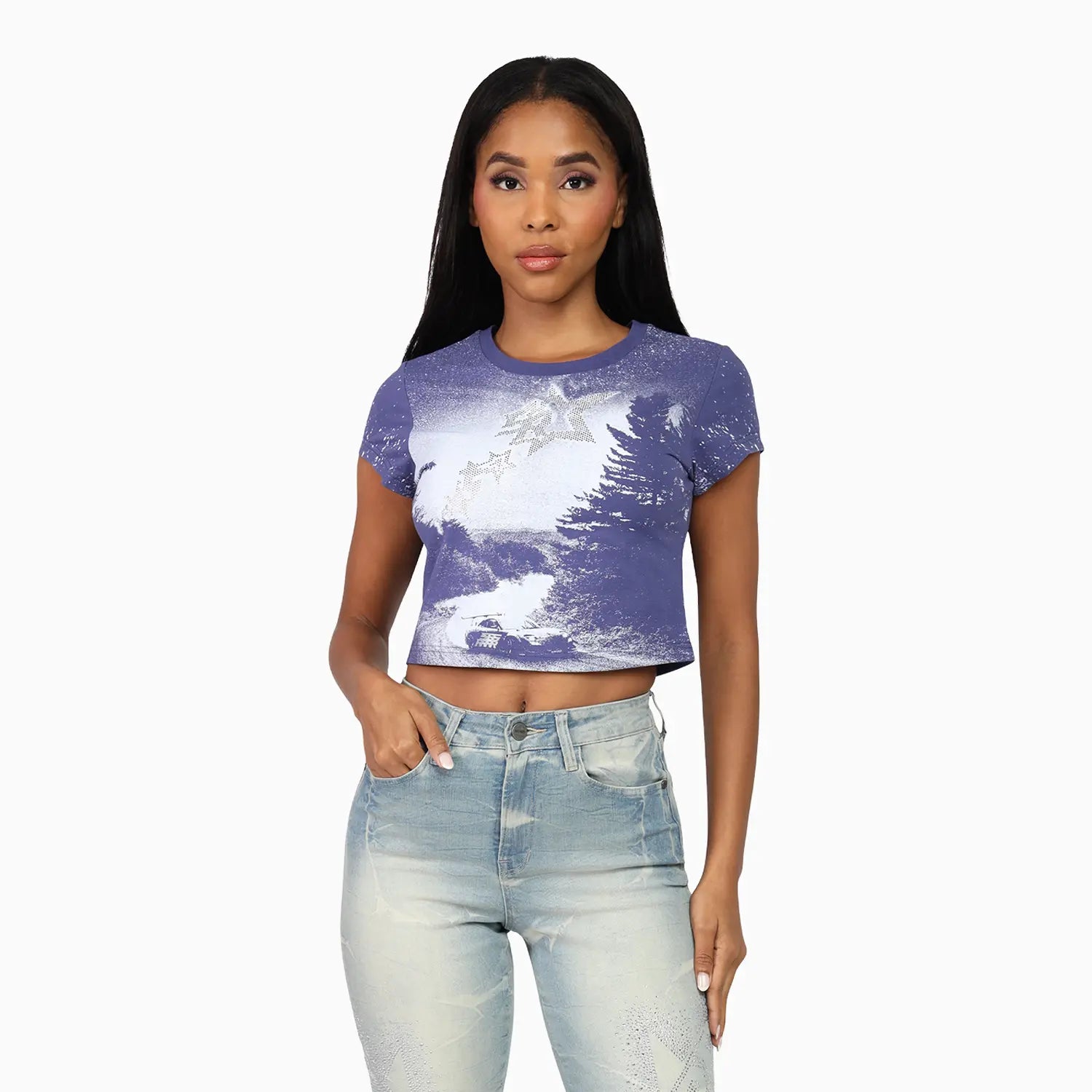 Women's Rhinestone Crop Top and Stack Jean Pant Outfit